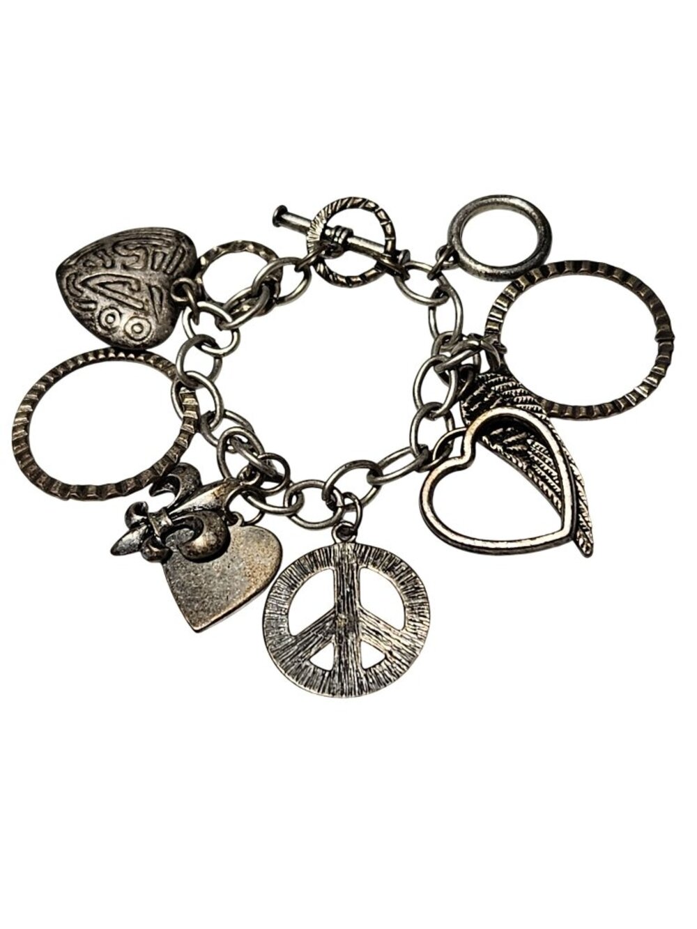 Vintage Charm Bracelet Peace Sign Hearts Angel Wing Fleur De Lis Toggle Hippie